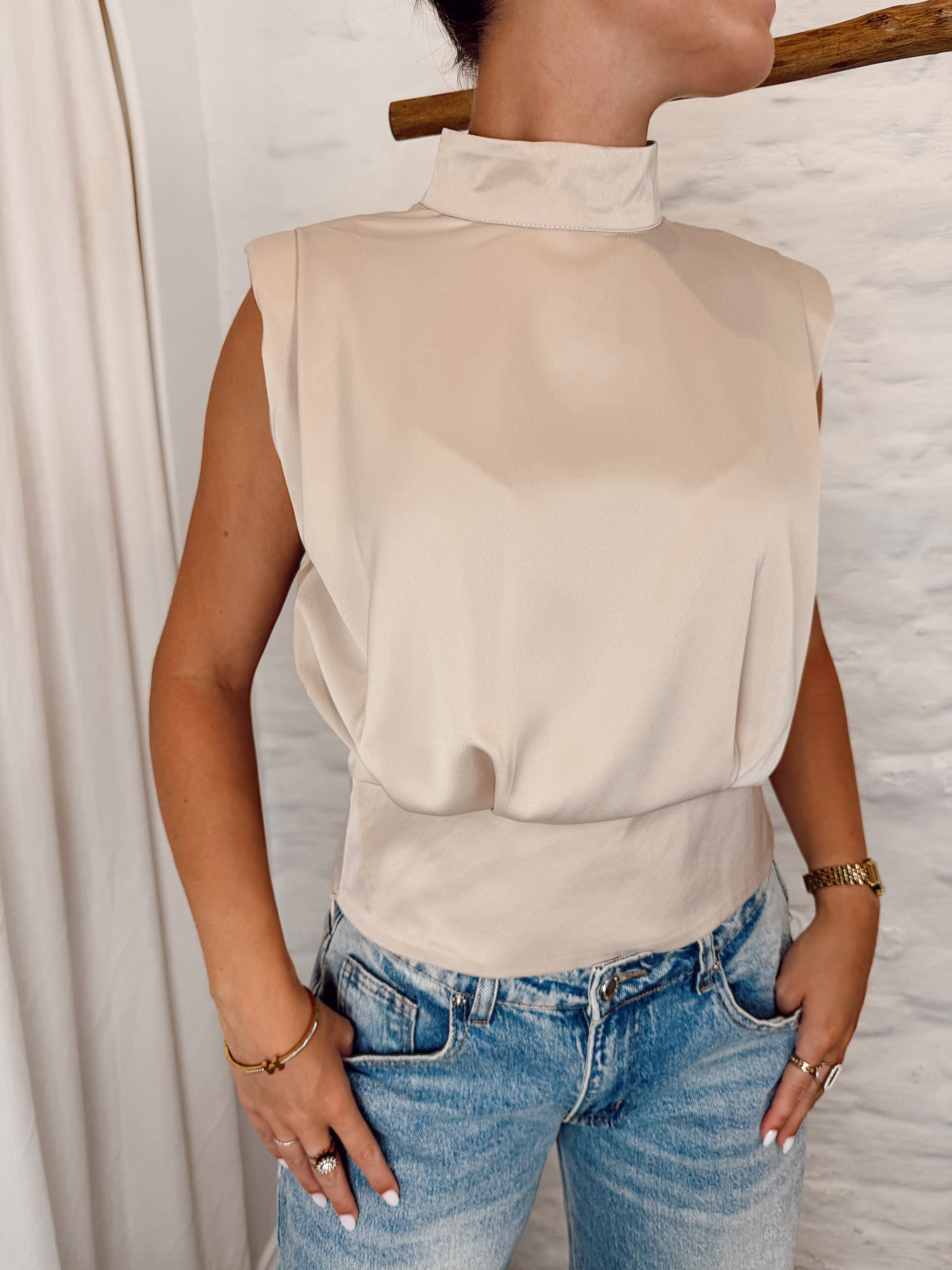 Cropped satin blouse 3975 BEIGE