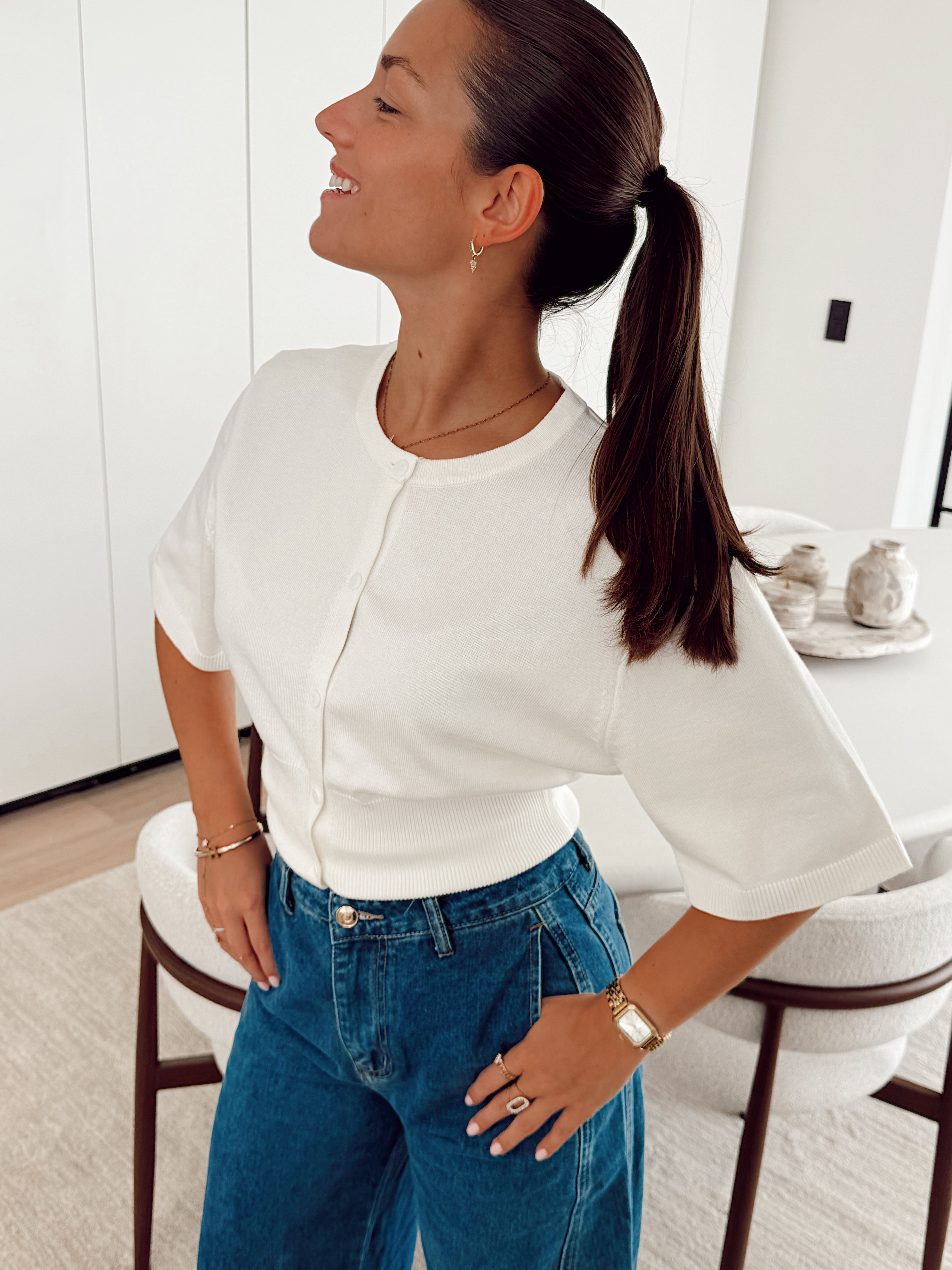 Creme button knit T5093