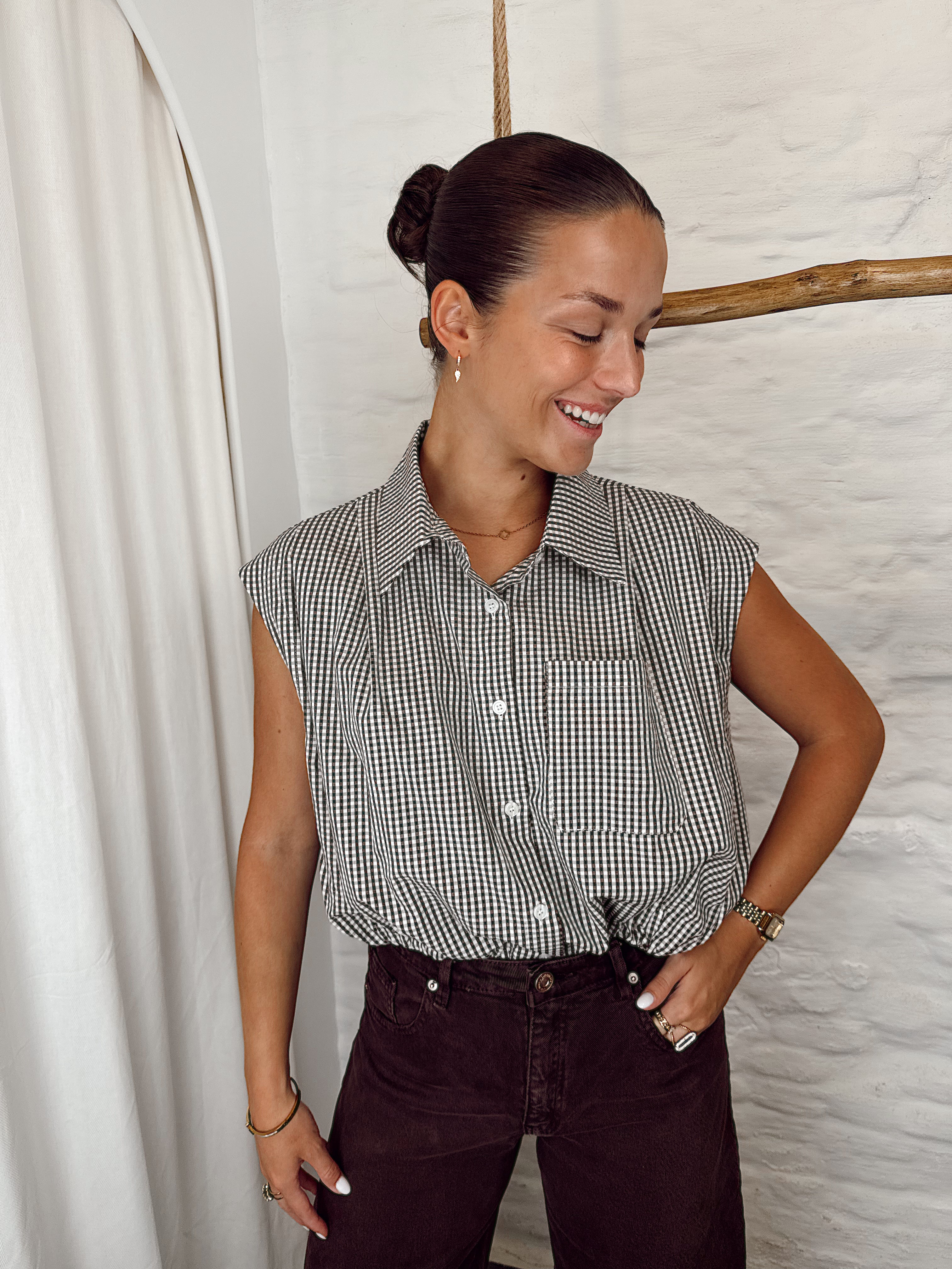 Brown cropped check-blouse 9374