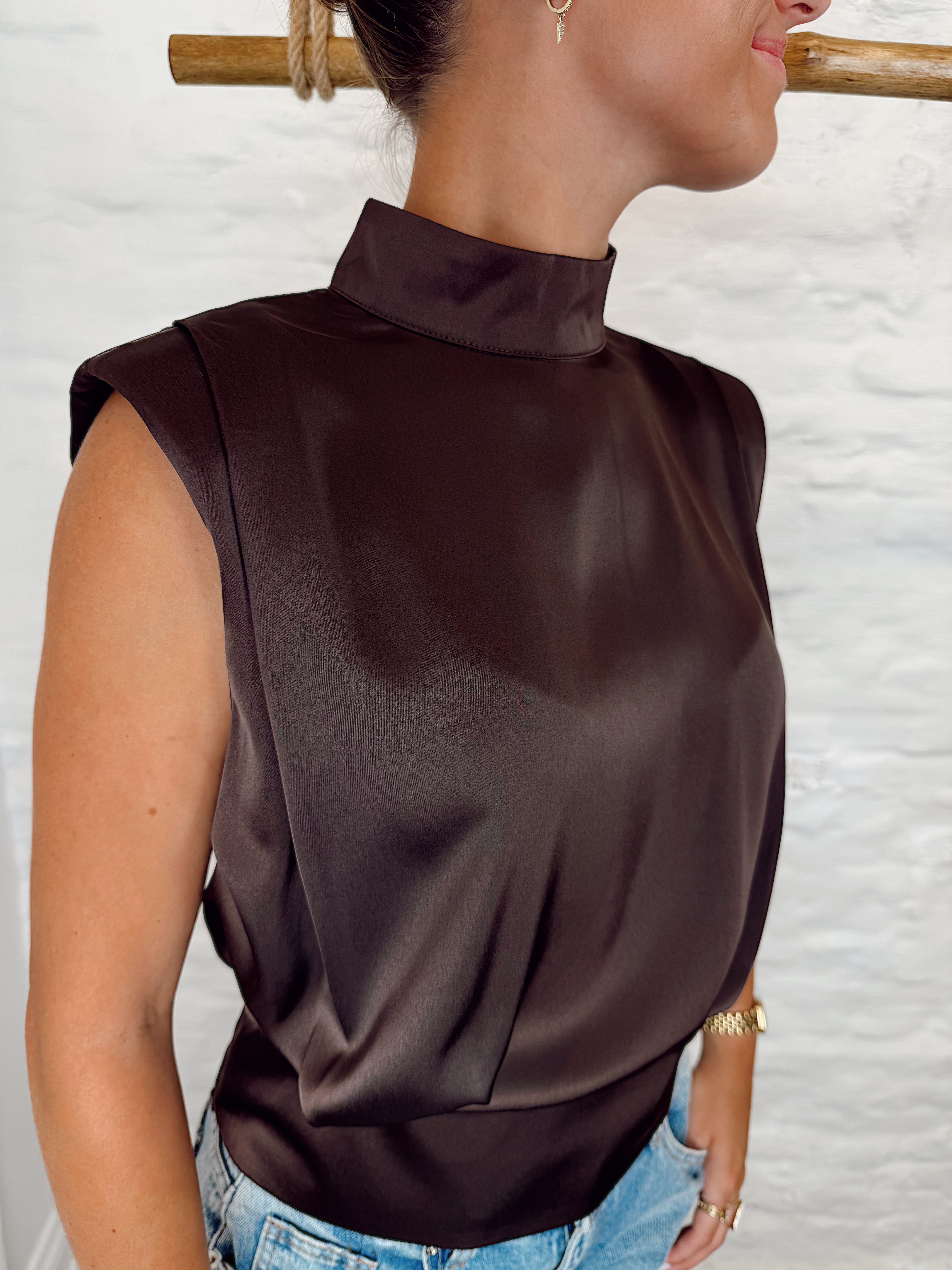 Cropped satin blouse 3975 BROWN