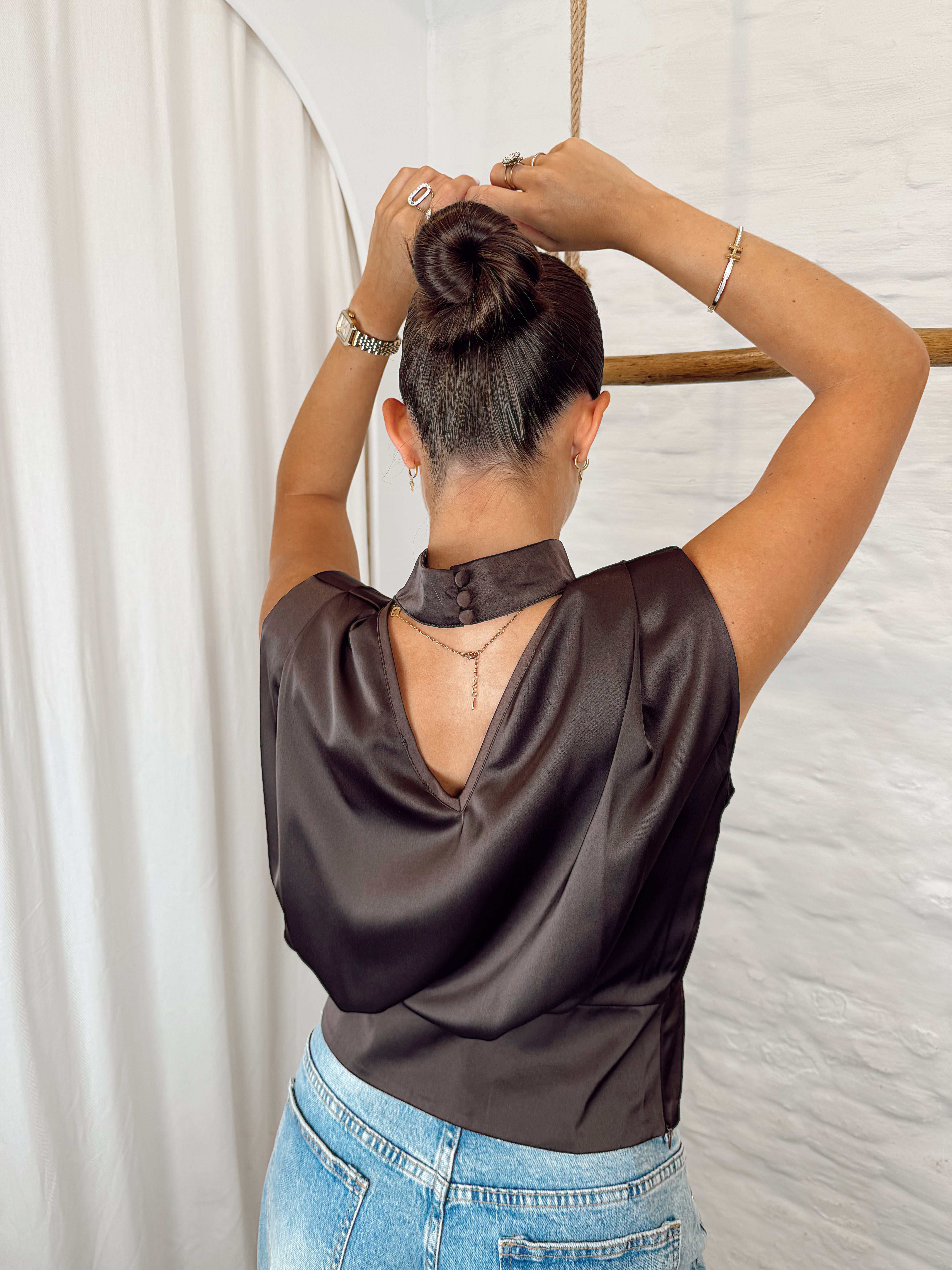 Cropped satin blouse 3975 BROWN