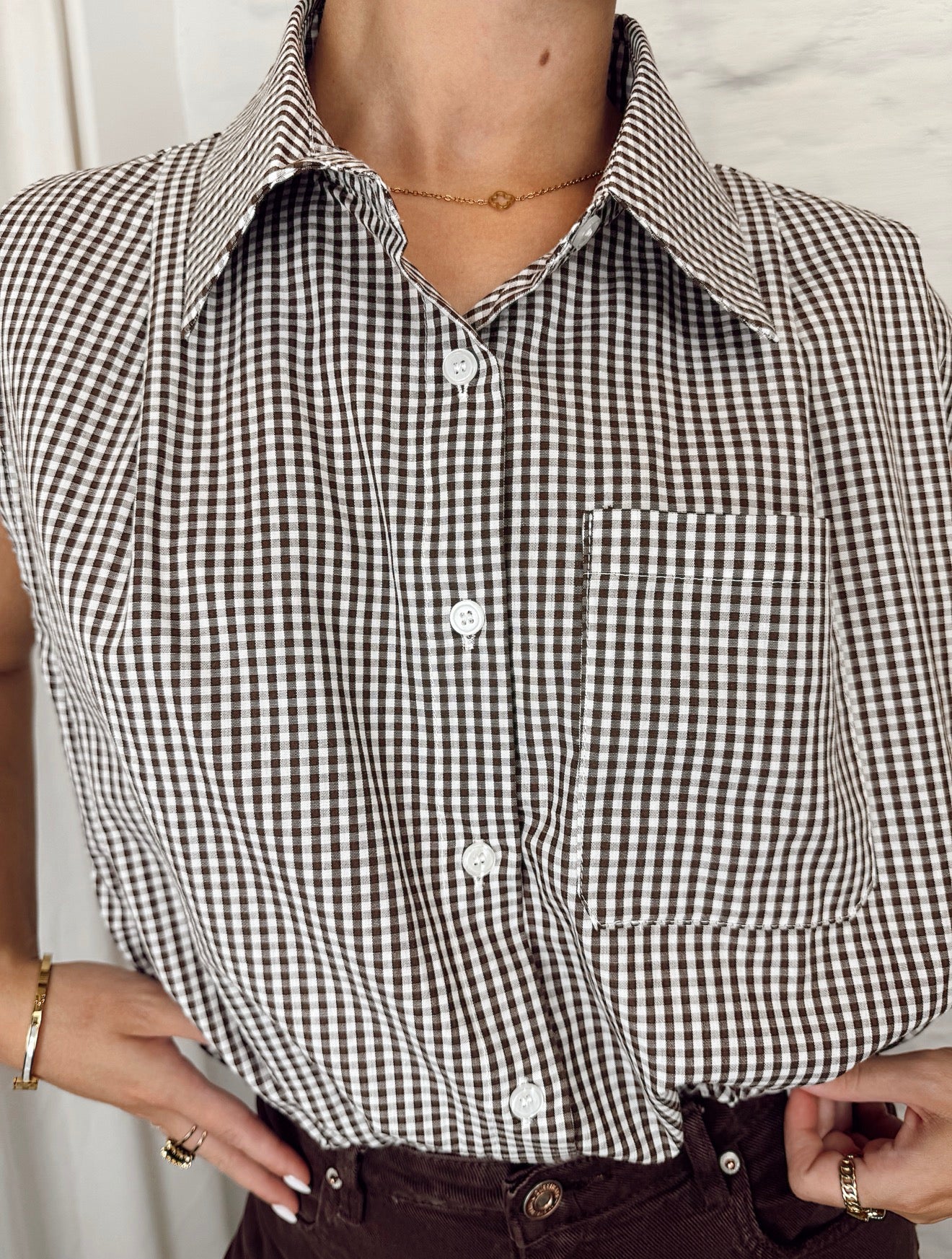 Brown cropped check-blouse 9374